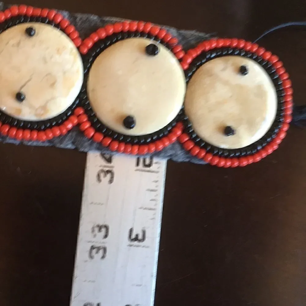 Hand crafted Mexican beaded and Stone fabric wide tie belt red black Vintage
